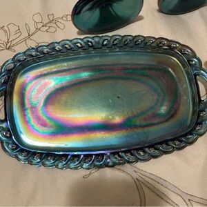 Vintage 1970s Indiana Glass Carnival Iridescent Blue Braided Edge Tray w/Handles